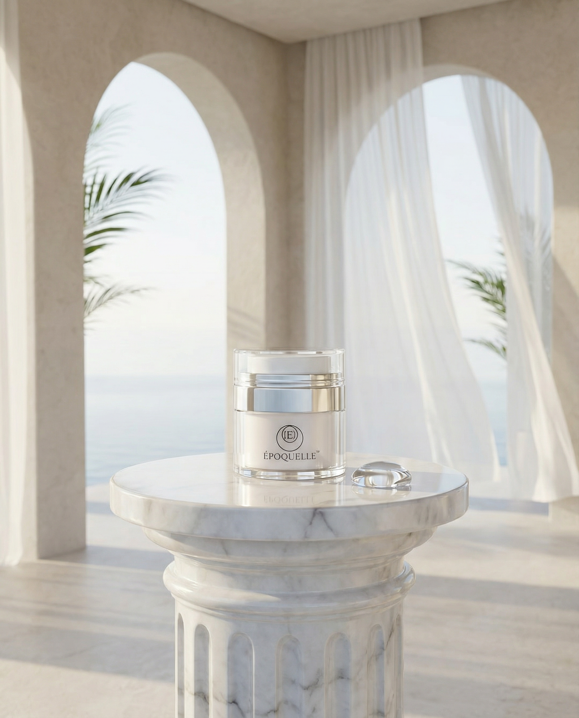 Époquelle jar displayed on a marble pedestal in a Mediterranean architectural setting